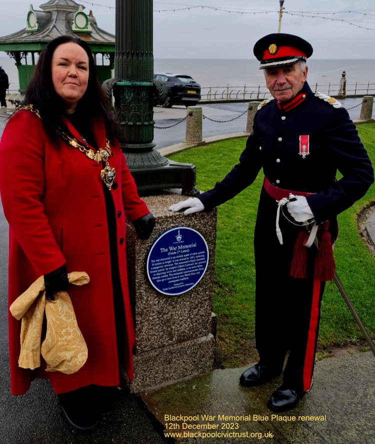 The Mayor Cllr Gillian Campbell unveiled the new plaque. Photographed with Mr John Barnett DL MBE.  12th December 2023